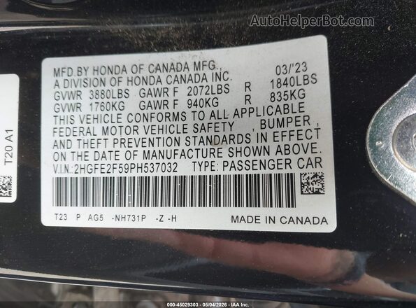 2HGFE2F59PH537032 2023 HONDA CIVIC Черный Вид подкапотного пространства