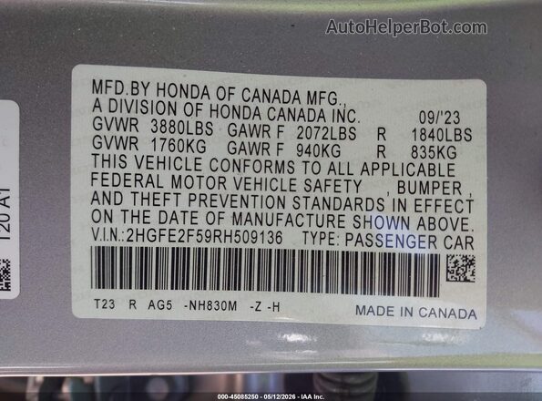 2HGFE2F59RH509136 2024 HONDA CIVIC Silver Vista del compartimento del motor