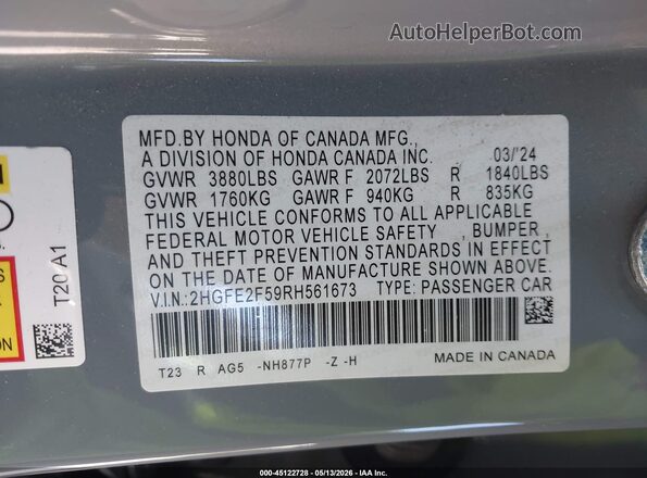 2HGFE2F59RH561673 2024 HONDA CIVIC Blue ძრავის განყოფილების ხედი