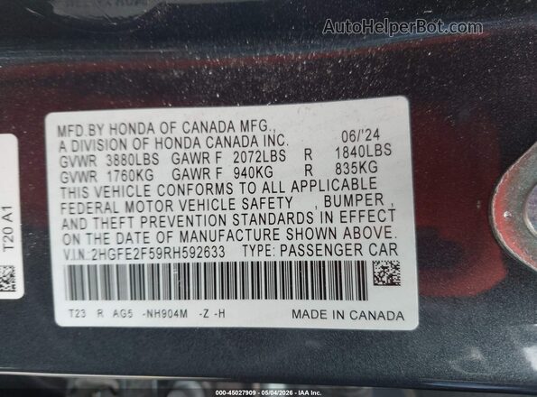 2HGFE2F59RH592633 2024 HONDA CIVIC Gray Engine compartment view
