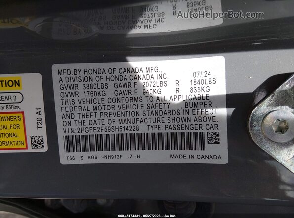 2HGFE2F59SH514228 2025 HONDA CIVIC Gray Շարժիչի բաժամունքի տեսք