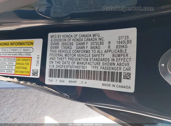 2HGFE2F59TH507801 2026 HONDA CIVIC Blue Շարժիչի բաժամունքի տեսք