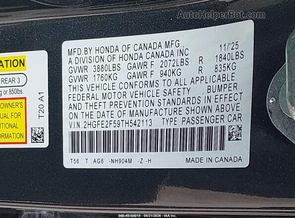 2HGFE2F59TH542113 2026 HONDA CIVIC Gray Vista del compartimento del motor