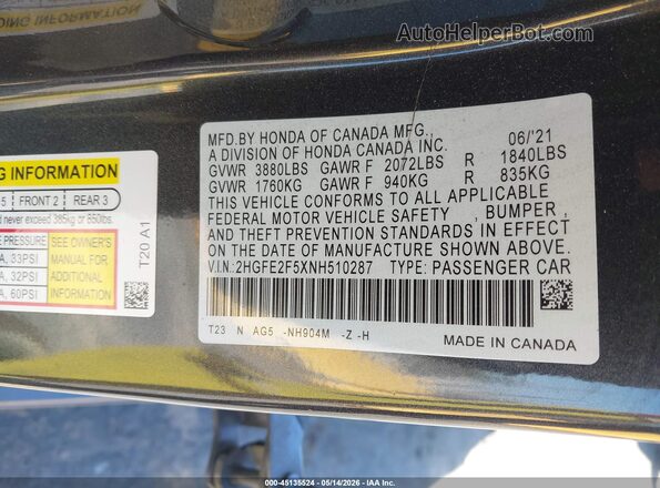 2HGFE2F5XNH510287 2022 HONDA CIVIC Black 