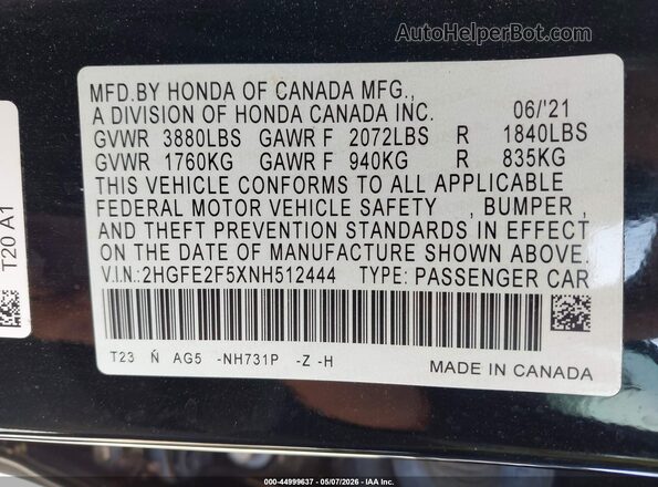 2HGFE2F5XNH512444 2022 HONDA CIVIC Black 