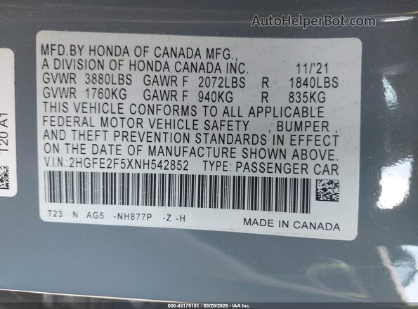 2HGFE2F5XNH542852 2022 HONDA CIVIC Gray Vista del compartimento del motor