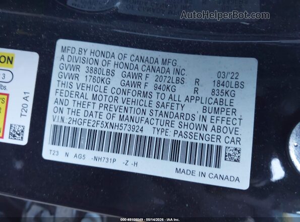 2HGFE2F5XNH573924 2022 HONDA CIVIC Black 