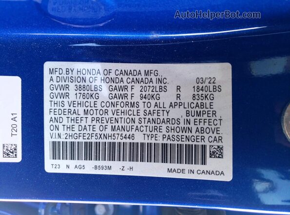 2HGFE2F5XNH575446 2022 HONDA CIVIC Синий Вид подкапотного пространства