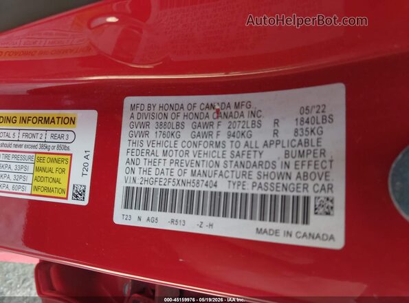 2HGFE2F5XNH587404 2022 HONDA CIVIC Red ძრავის განყოფილების ხედი
