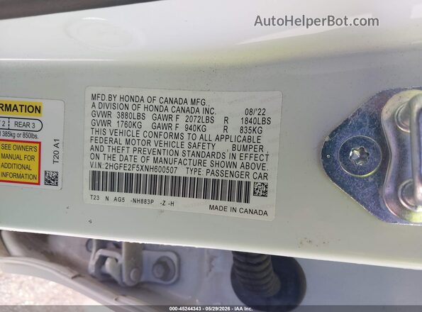 2HGFE2F5XNH600507 2022 HONDA CIVIC White Engine compartment view