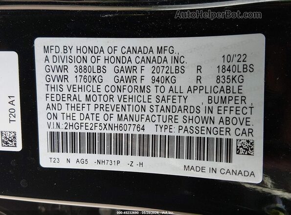 2HGFE2F5XNH607764 2022 HONDA CIVIC Black Engine compartment view