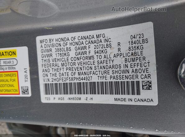 2HGFE2F5XPH544927 2023 HONDA CIVIC Silver Engine compartment view
