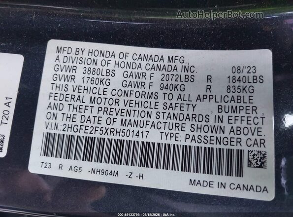 2HGFE2F5XRH501417 2024 HONDA CIVIC Black Widok komory silnika