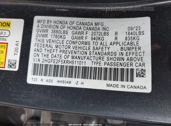 2HGFE2F5XRH511011 2024 HONDA CIVIC Gray Շարժիչի բաժամունքի տեսք