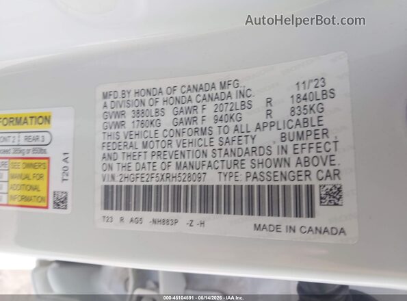 2HGFE2F5XRH528097 2024 HONDA CIVIC White Engine compartment view