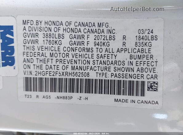 2HGFE2F5XRH562508 2024 HONDA CIVIC White 