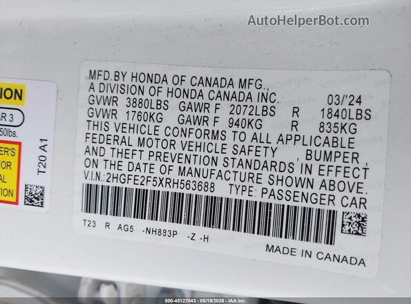 2HGFE2F5XRH563688 2024 HONDA CIVIC White Vista del compartimento del motor