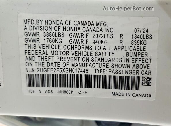 2HGFE2F5XSH517445 2025 HONDA CIVIC White 