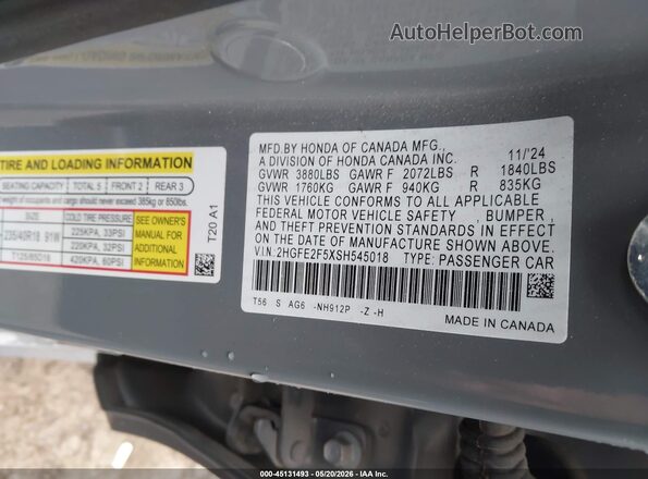 2HGFE2F5XSH545018 2025 HONDA CIVIC Gray Вид підкапотного простору