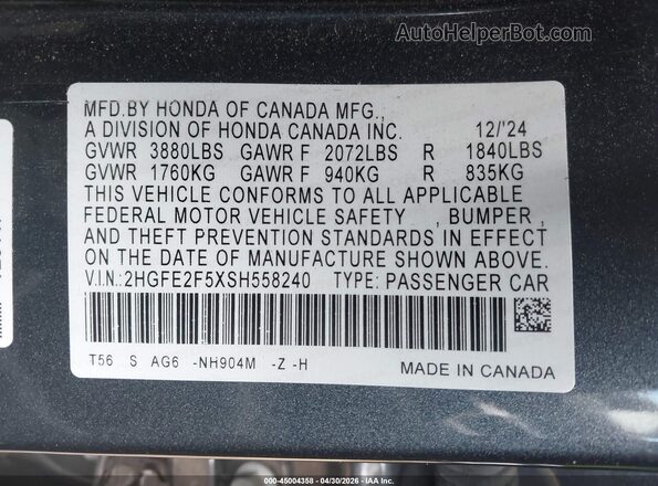 2HGFE2F5XSH558240 2025 HONDA CIVIC Gray Vista del compartimento del motor