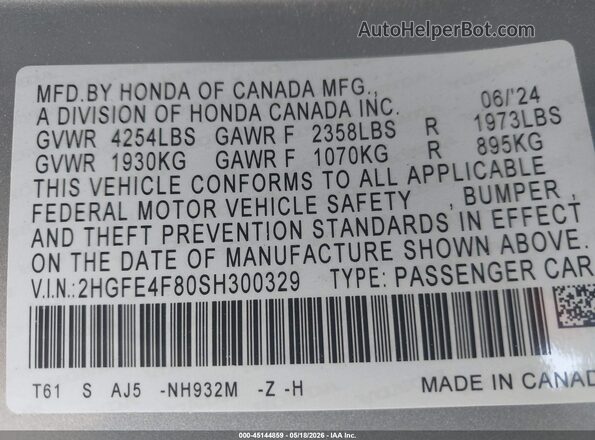 2HGFE4F80SH300329 2025 HONDA CIVIC Silver Engine compartment view