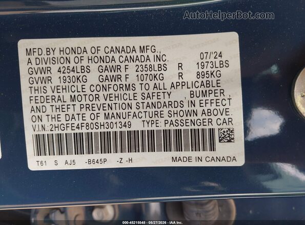 2HGFE4F80SH301349 2025 HONDA CIVIC Blue Вид підкапотного простору