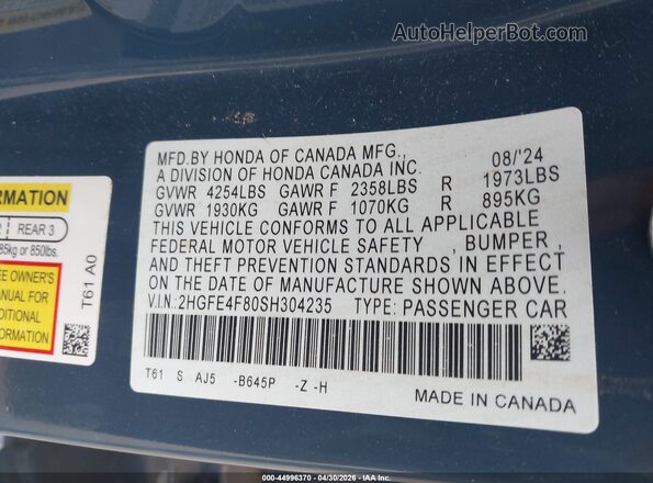 2HGFE4F80SH304235 2025 HONDA CIVIC HYBRID Dark Blue 
