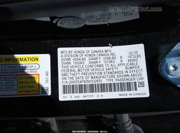 2HGFE4F80SH332603 2025 HONDA CIVIC Black ძრავის განყოფილების ხედი