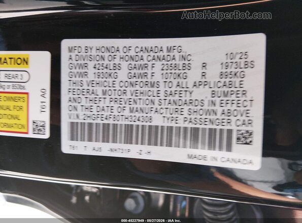 2HGFE4F80TH324308 2026 HONDA CIVIC Black Widok komory silnika