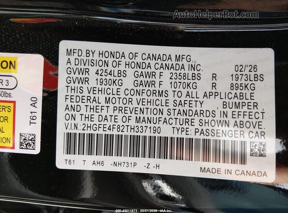 2HGFE4F82TH337190 2026 HONDA CIVIC Black Vista del compartimento del motor