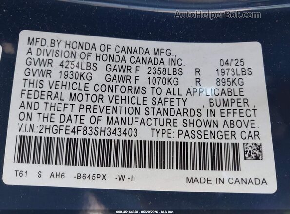 2HGFE4F83SH343403 2025 HONDA CIVIC Blue Widok komory silnika