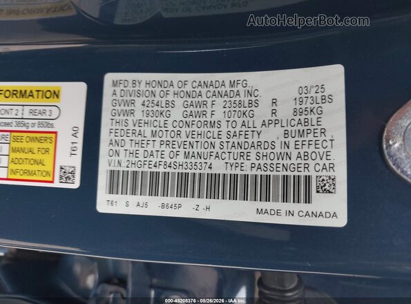 2HGFE4F84SH335374 2025 HONDA CIVIC Blue ძრავის განყოფილების ხედი