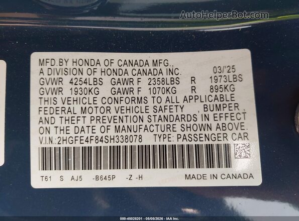 2HGFE4F84SH338078 2025 HONDA CIVIC HYBRID Blue 
