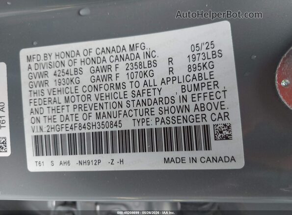 2HGFE4F84SH350845 2025 HONDA CIVIC Gray Շարժիչի բաժամունքի տեսք