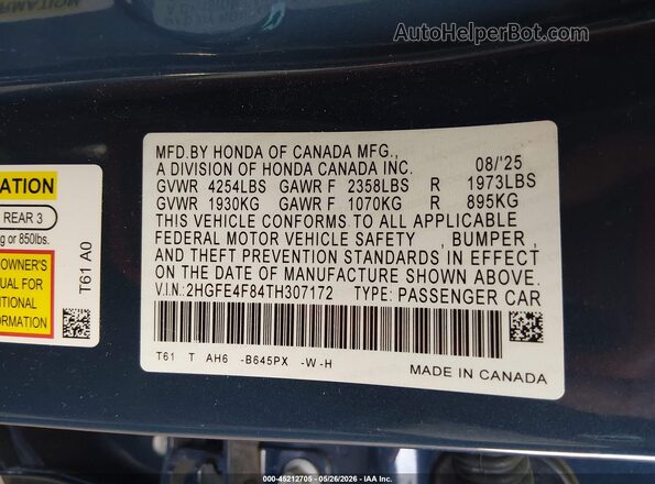 2HGFE4F84TH307172 2026 HONDA CIVIC Синий Вид подкапотного пространства