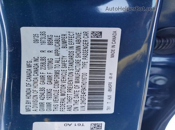 2HGFE4F84TH316700 2026 HONDA CIVIC Blue Vista de la etiqueta del VIN