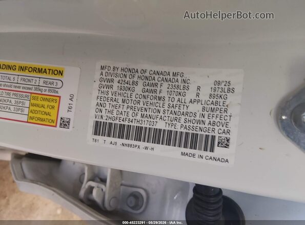 2HGFE4F84TH317037 2026 HONDA CIVIC White Widok komory silnika