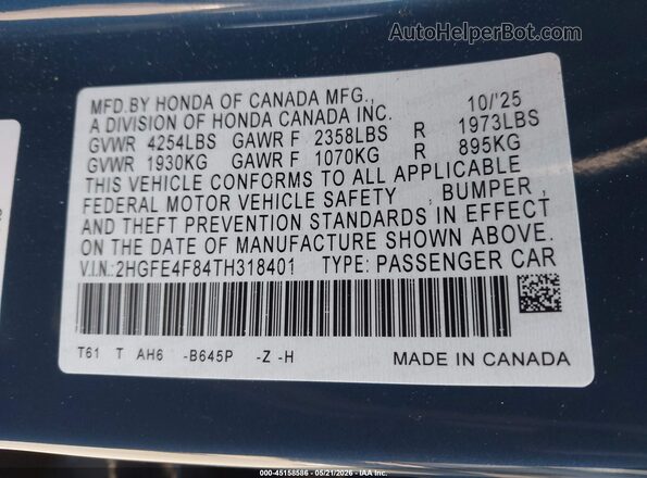 2HGFE4F84TH318401 2026 HONDA CIVIC Blue Vista del compartimento del motor