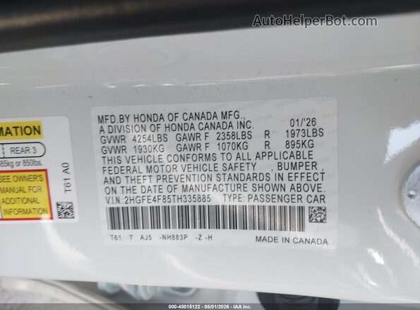2HGFE4F85TH335885 2026 HONDA CIVIC White Widok komory silnika
