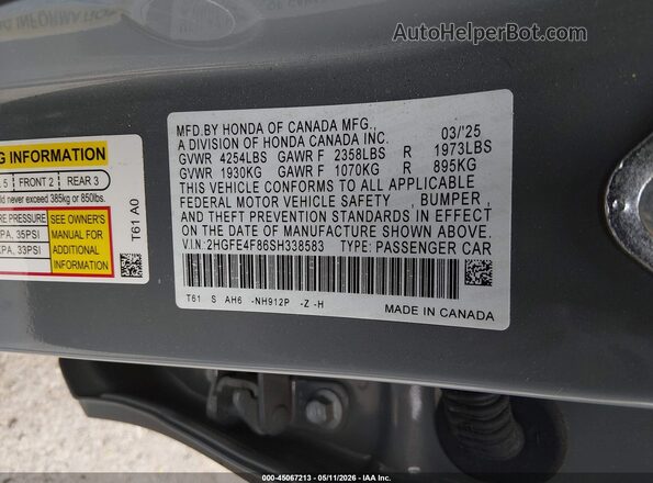 2HGFE4F86SH338583 2025 HONDA CIVIC Gray Widok komory silnika