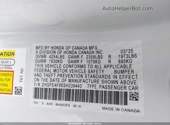 2HGFE4F86SH339443 2025 HONDA CIVIC HYBRID White Вид підкапотного простору
