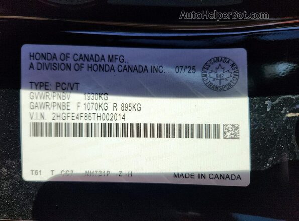 2HGFE4F86TH002014 2026 HONDA CIVIC Black 