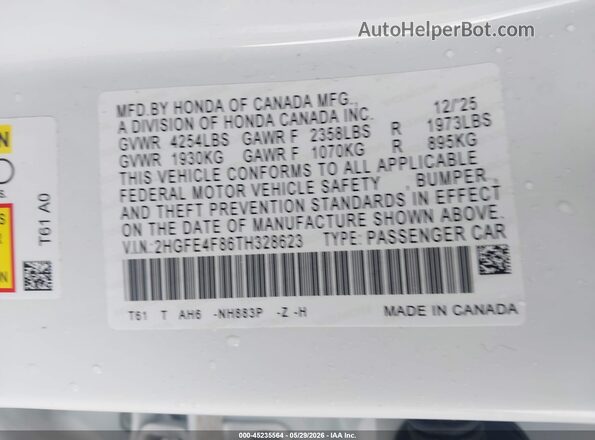 2HGFE4F86TH328623 2026 HONDA CIVIC White Engine compartment view