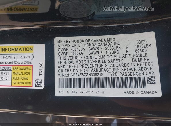 2HGFE4F87SH338219 2025 HONDA CIVIC Black Vista del compartimento del motor