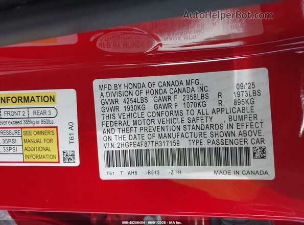 2HGFE4F87TH317159 2026 HONDA CIVIC Red Vista del compartimento del motor