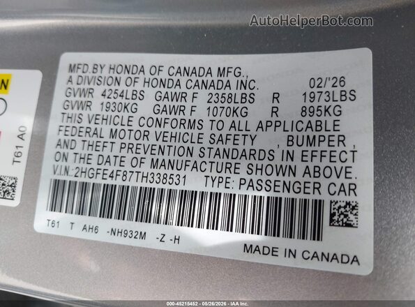 2HGFE4F87TH338531 2026 HONDA CIVIC Серебряный Вид подкапотного пространства