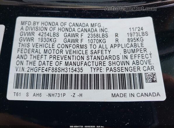 2HGFE4F88SH315435 2025 HONDA CIVIC Black Շարժիչի բաժամունքի տեսք