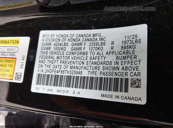 2HGFE4F88TH325948 2026 HONDA CIVIC Black Engine compartment view