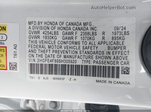 2HGFE4F89SH305920 2025 HONDA CIVIC Белый Вид подкапотного пространства