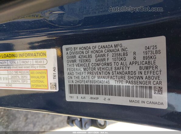 2HGFE4F89SH343146 2025 HONDA CIVIC Серый Вид подкапотного пространства